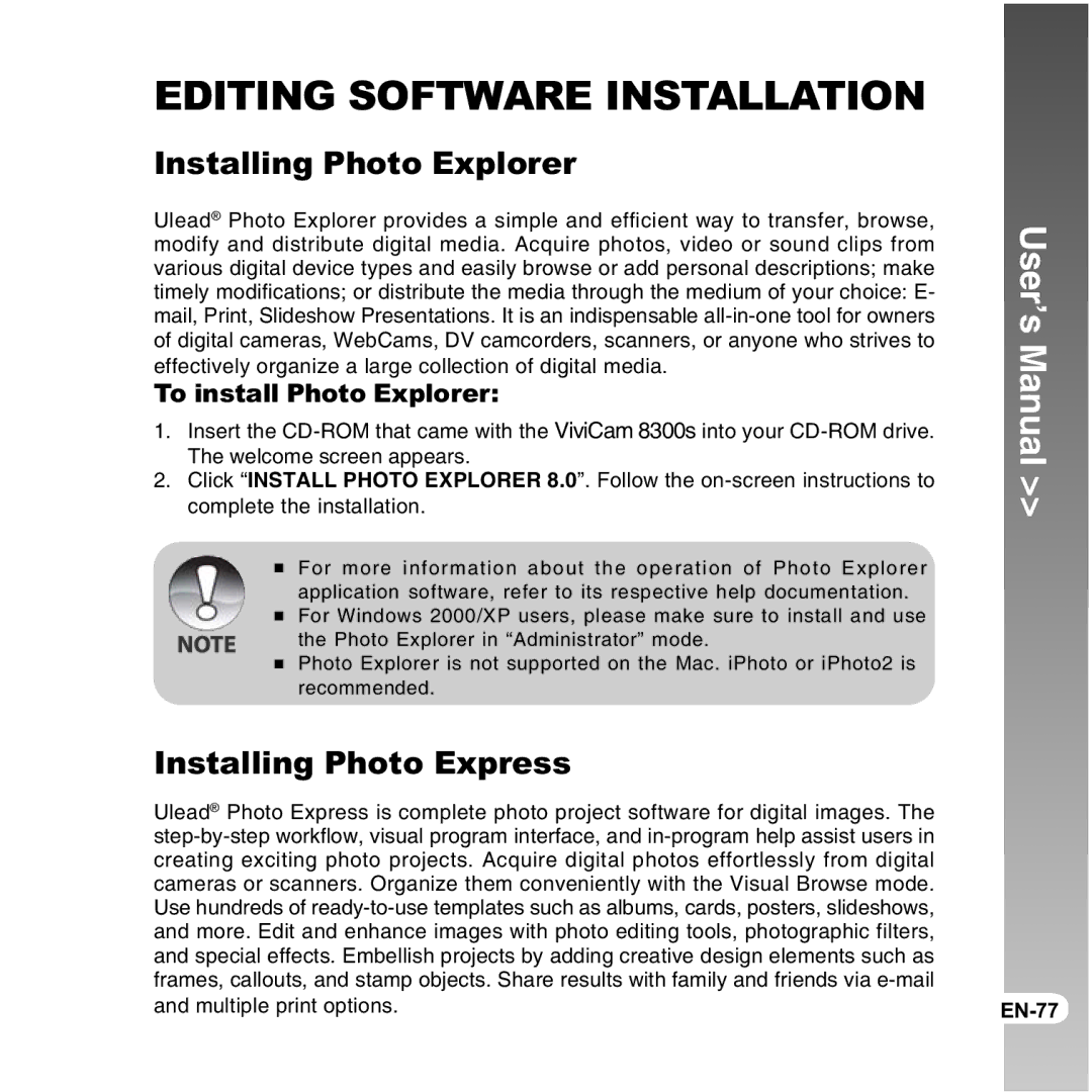 Vivitar 8300s user manual Installing Photo Explorer, Installing Photo Express, To install Photo Explorer 