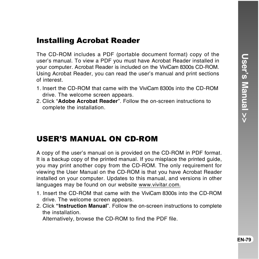 Vivitar 8300s user manual Installing Acrobat Reader, USER’S Manual on CD-ROM 