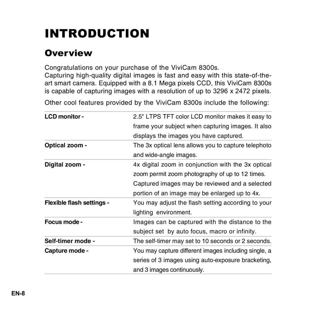 Vivitar user manual Overview, Congratulations on your purchase of the ViviCam 8300s 