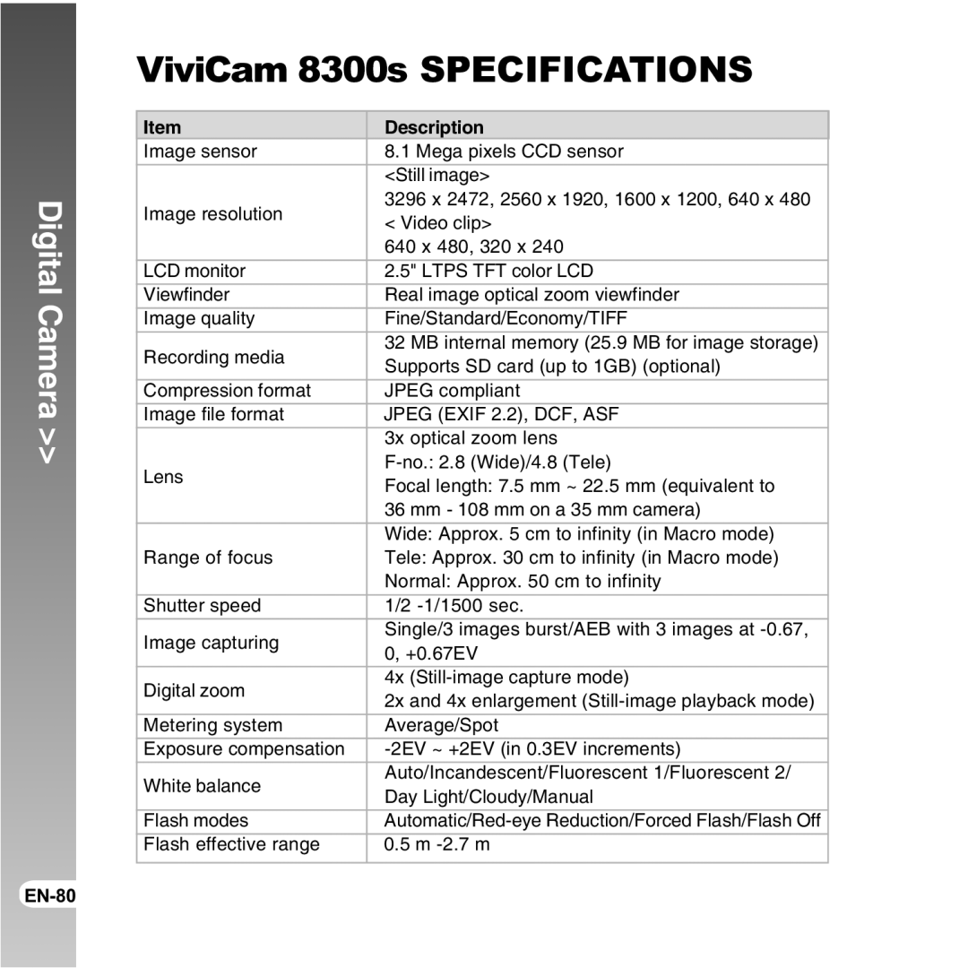 Vivitar user manual ViviCam 8300s Specifications 