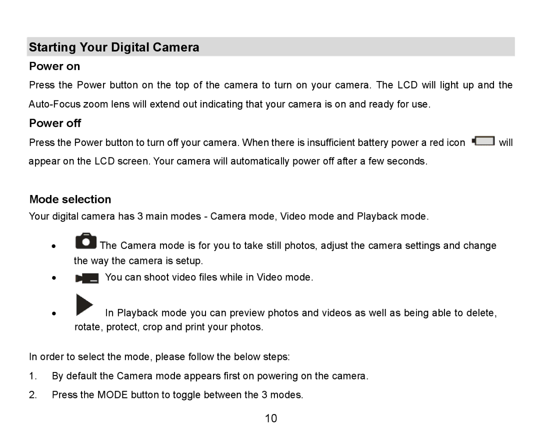 Vivitar 8324 owner manual Starting Your Digital Camera, Power on, Power off, Mode selection 