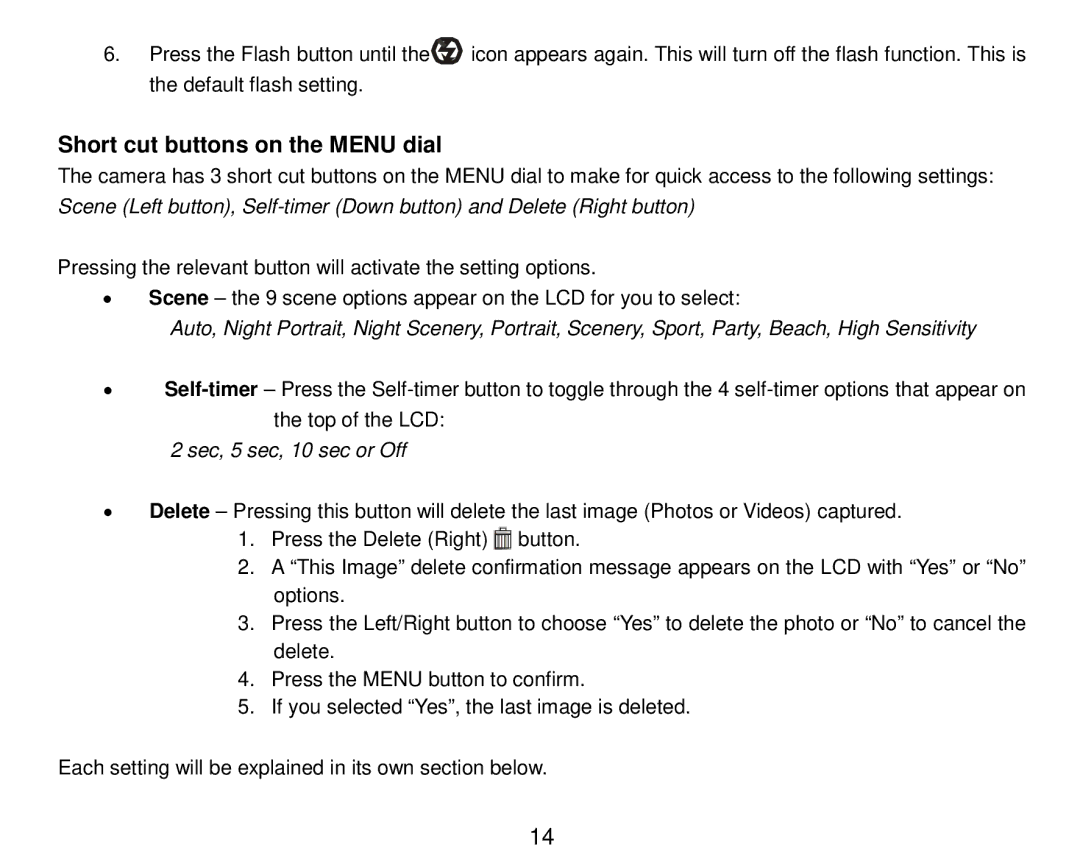 Vivitar 8324 owner manual Short cut buttons on the Menu dial, Sec, 5 sec, 10 sec or Off 