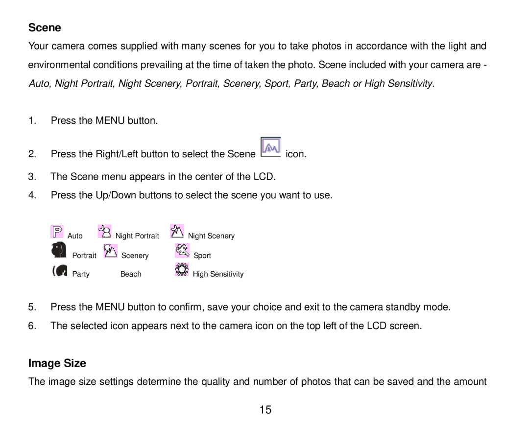 Vivitar 8324 owner manual Scene, Image Size 