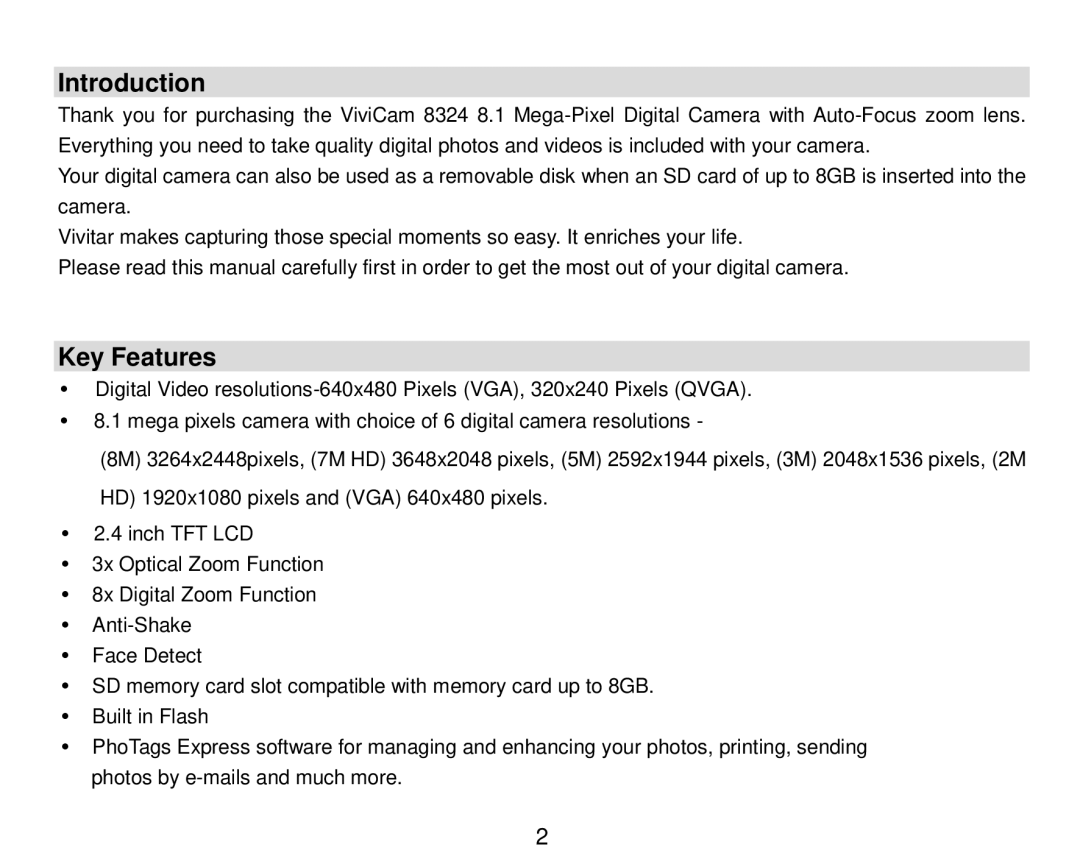 Vivitar 8324 owner manual Introduction, Key Features 