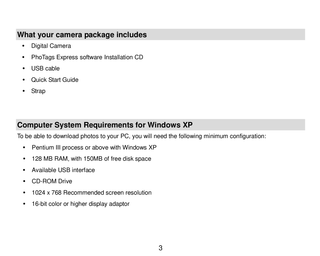 Vivitar 8324 owner manual What your camera package includes, Computer System Requirements for Windows XP 