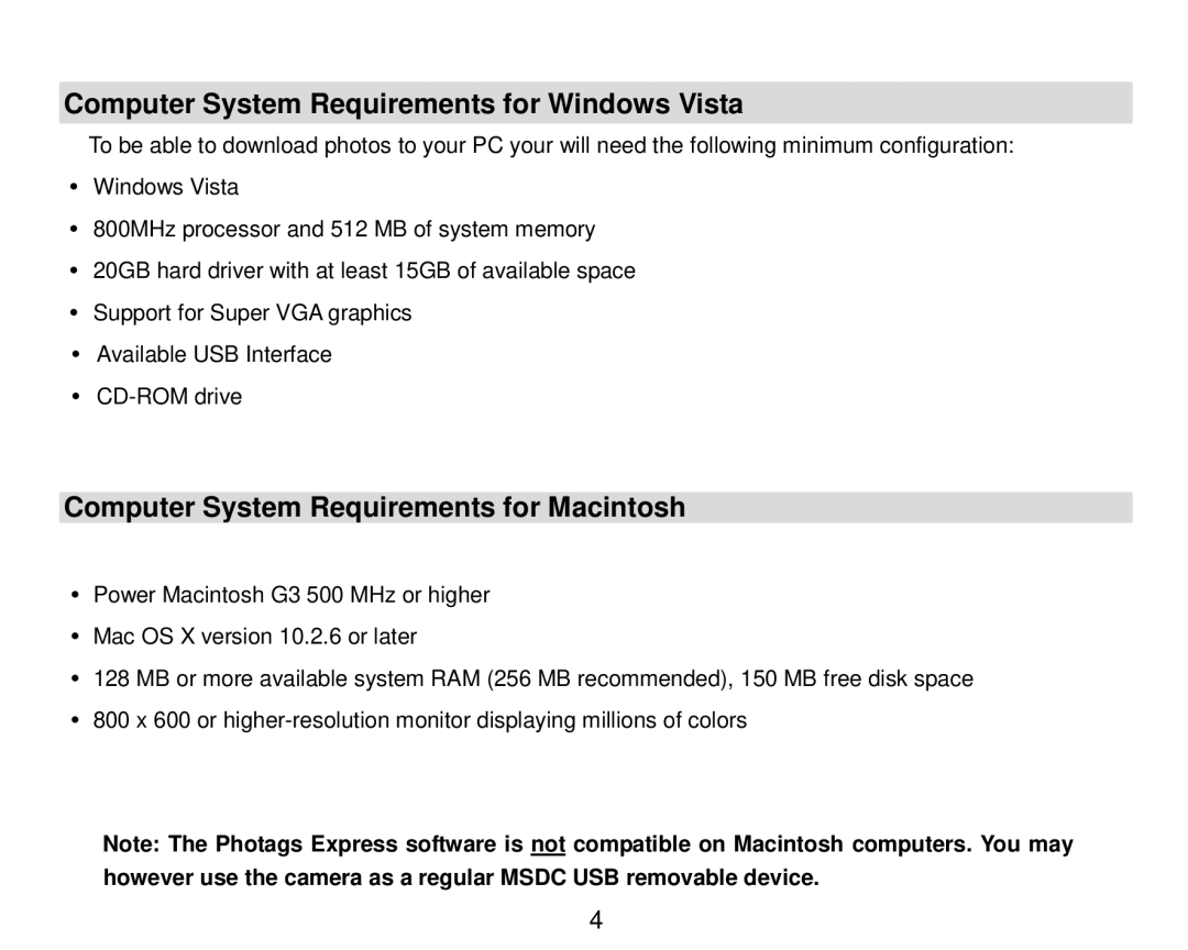 Vivitar 8324 owner manual Computer System Requirements for Windows Vista, Computer System Requirements for Macintosh 