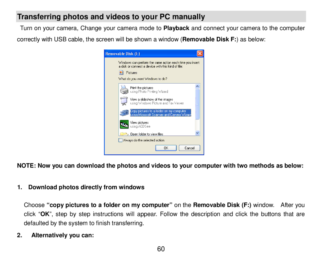 Vivitar 8324 owner manual Transferring photos and videos to your PC manually 