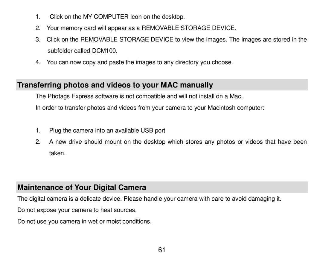 Vivitar 8324 owner manual Transferring photos and videos to your MAC manually, Maintenance of Your Digital Camera 