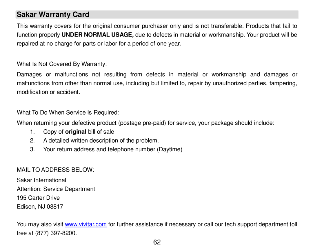 Vivitar 8324 owner manual Sakar Warranty Card 