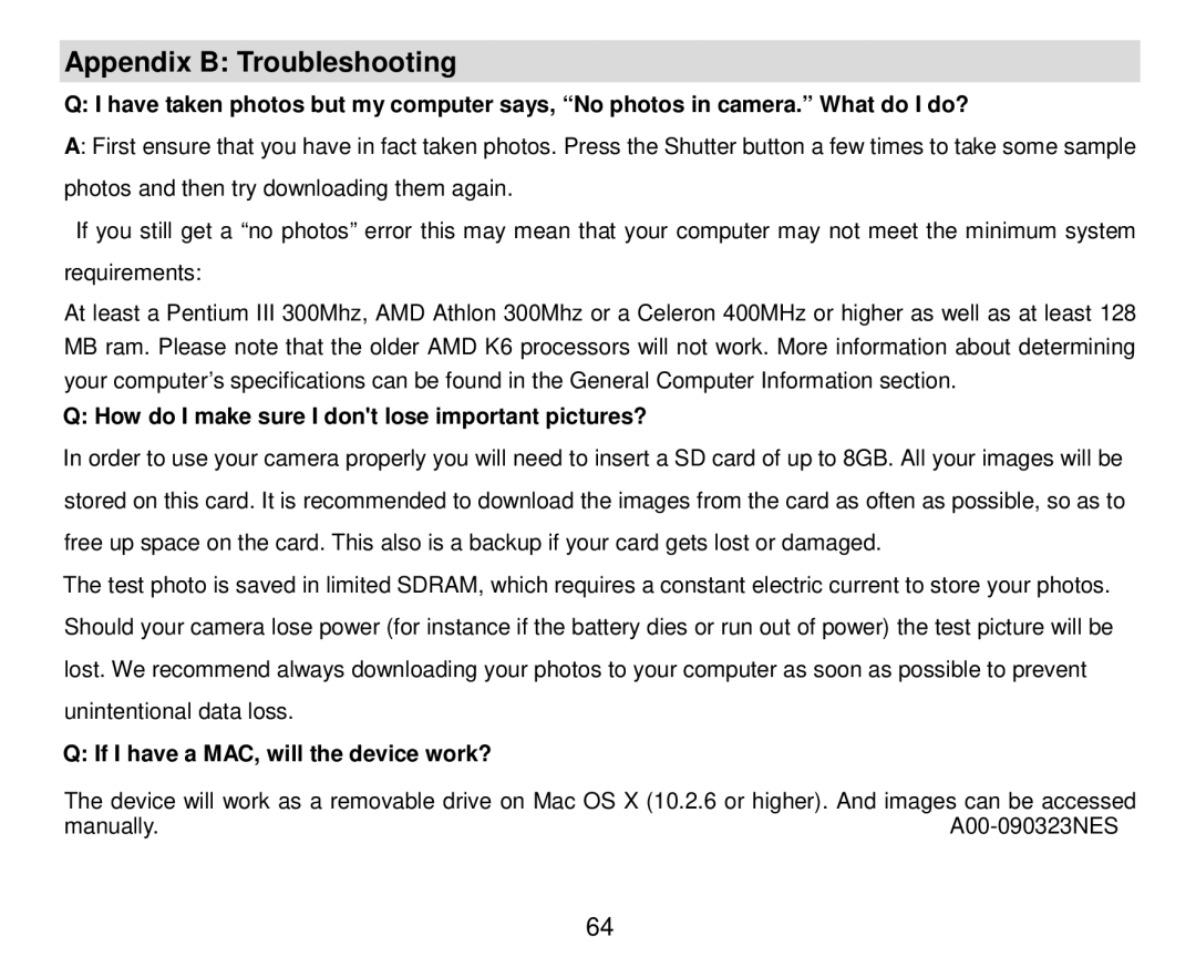 Vivitar 8324 owner manual Appendix B Troubleshooting, How do I make sure I dont lose important pictures? 