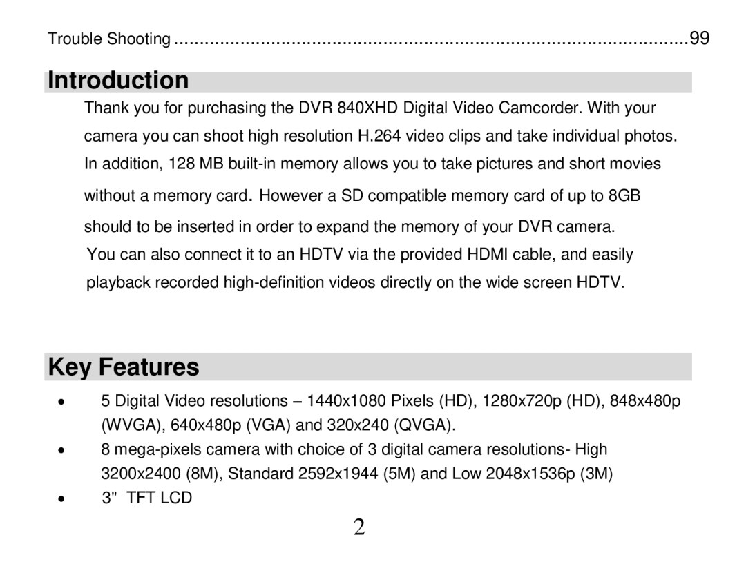 Vivitar 840XHD owner manual Introduction, Key Features 