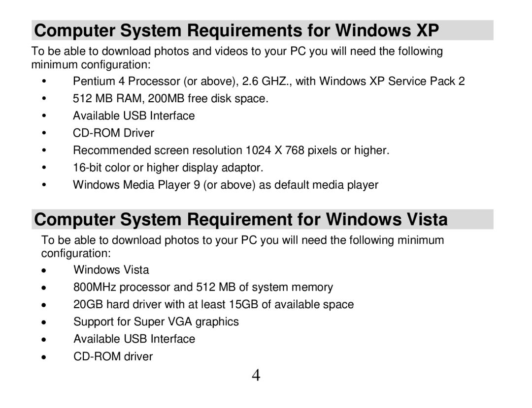 Vivitar 840XHD owner manual Computer System Requirements for Windows XP, Computer System Requirement for Windows Vista 