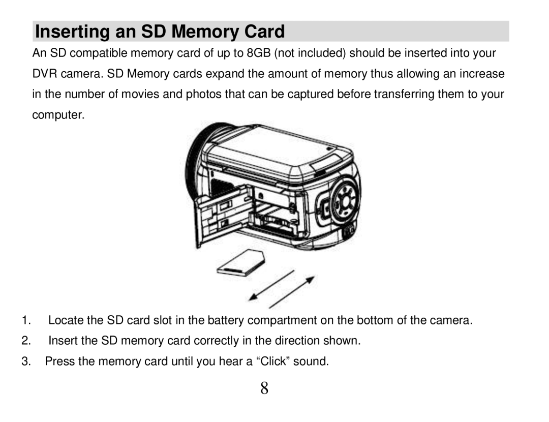 Vivitar 840XHD owner manual Inserting an SD Memory Card 