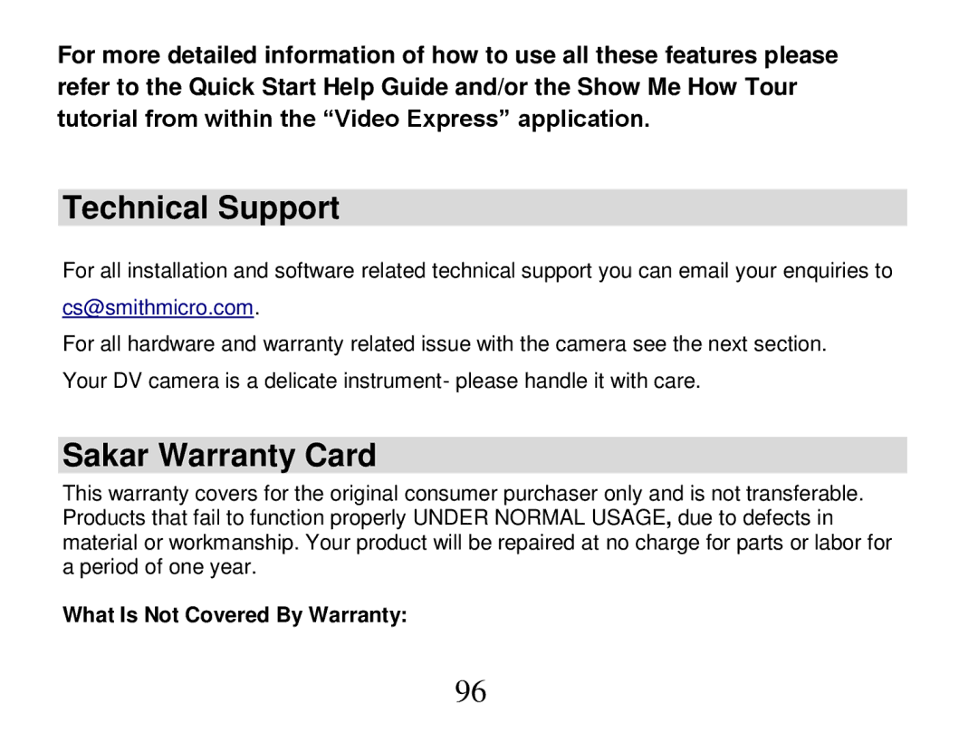 Vivitar 840XHD owner manual Technical Support, Sakar Warranty Card 