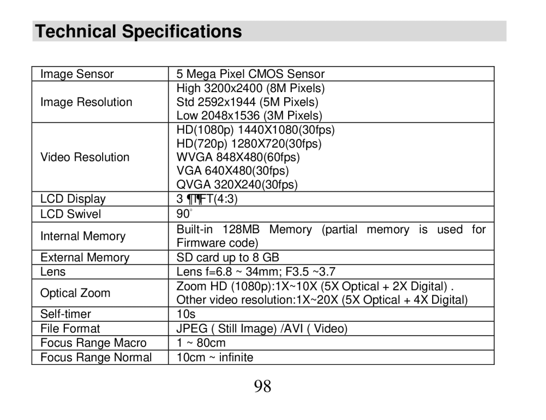 Vivitar 840XHD owner manual Technical Specifications 