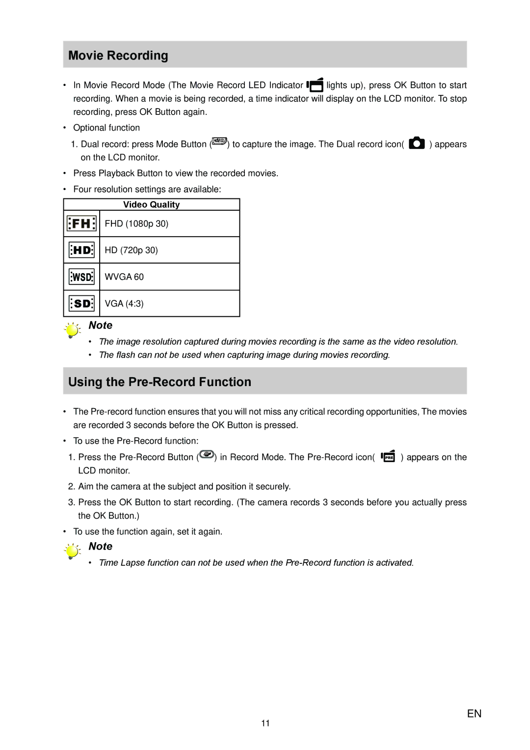 Vivitar 980HD user manual Movie Recording, Using the Pre-Record Function, Video Quality 