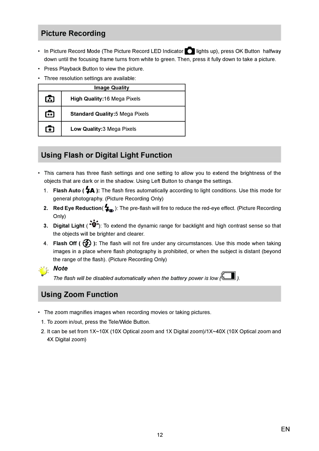 Vivitar 980HD user manual Picture Recording, Using Flash or Digital Light Function, Using Zoom Function, Image Quality 