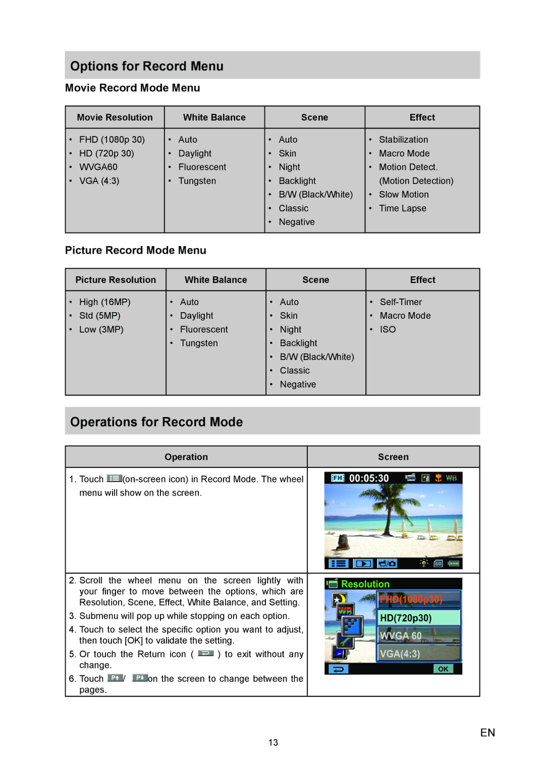 Vivitar 980HD Options for Record Menu, Operations for Record Mode, Movie Record Mode Menu, Picture Record Mode Menu 