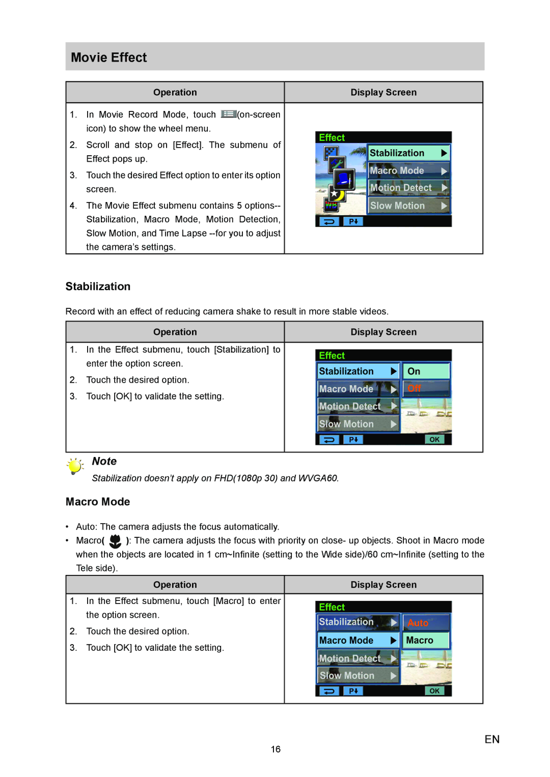 Vivitar 980HD user manual Movie Effect, Stabilization, Macro Mode 