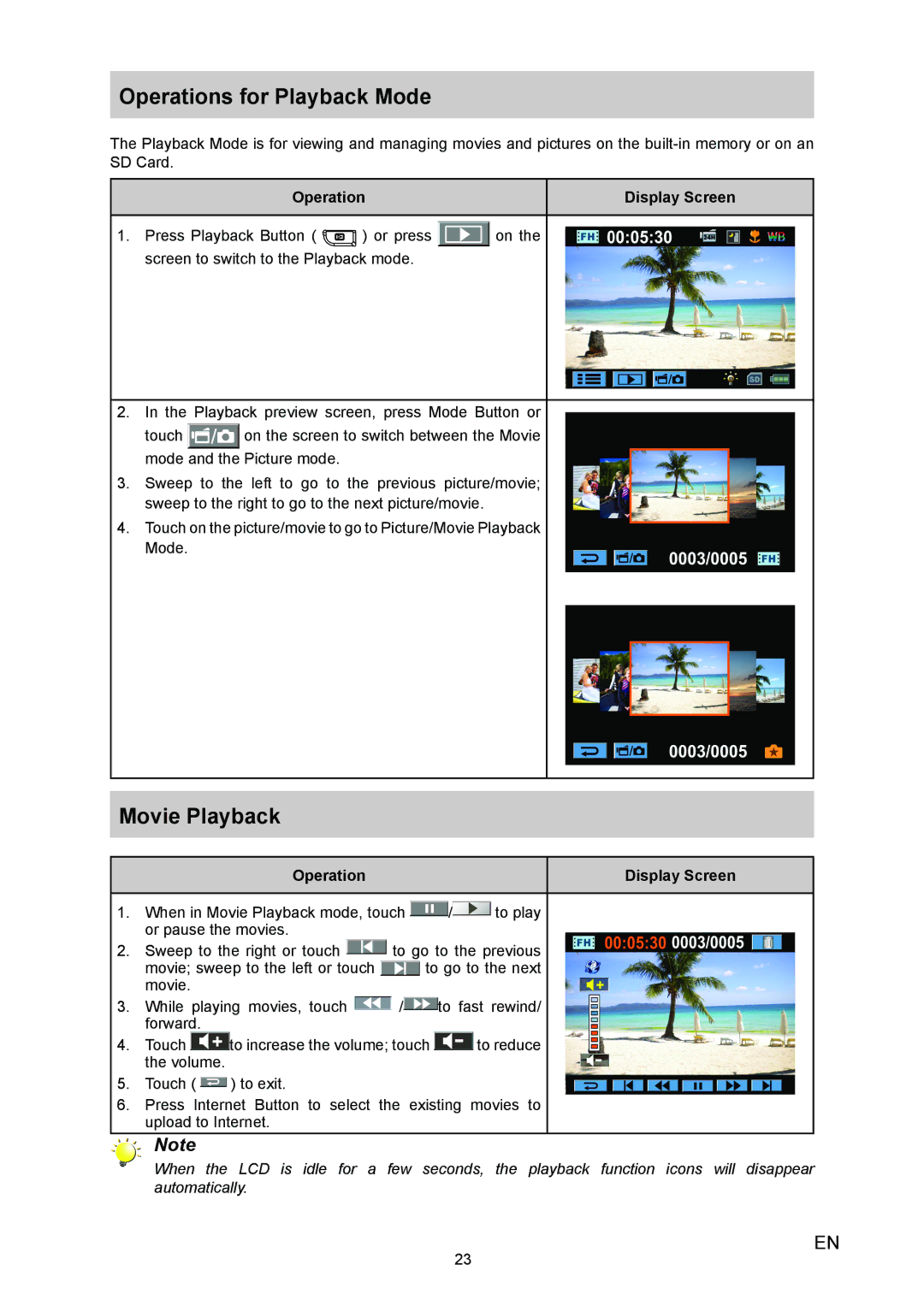 Vivitar 980HD user manual Operations for Playback Mode, Movie Playback 