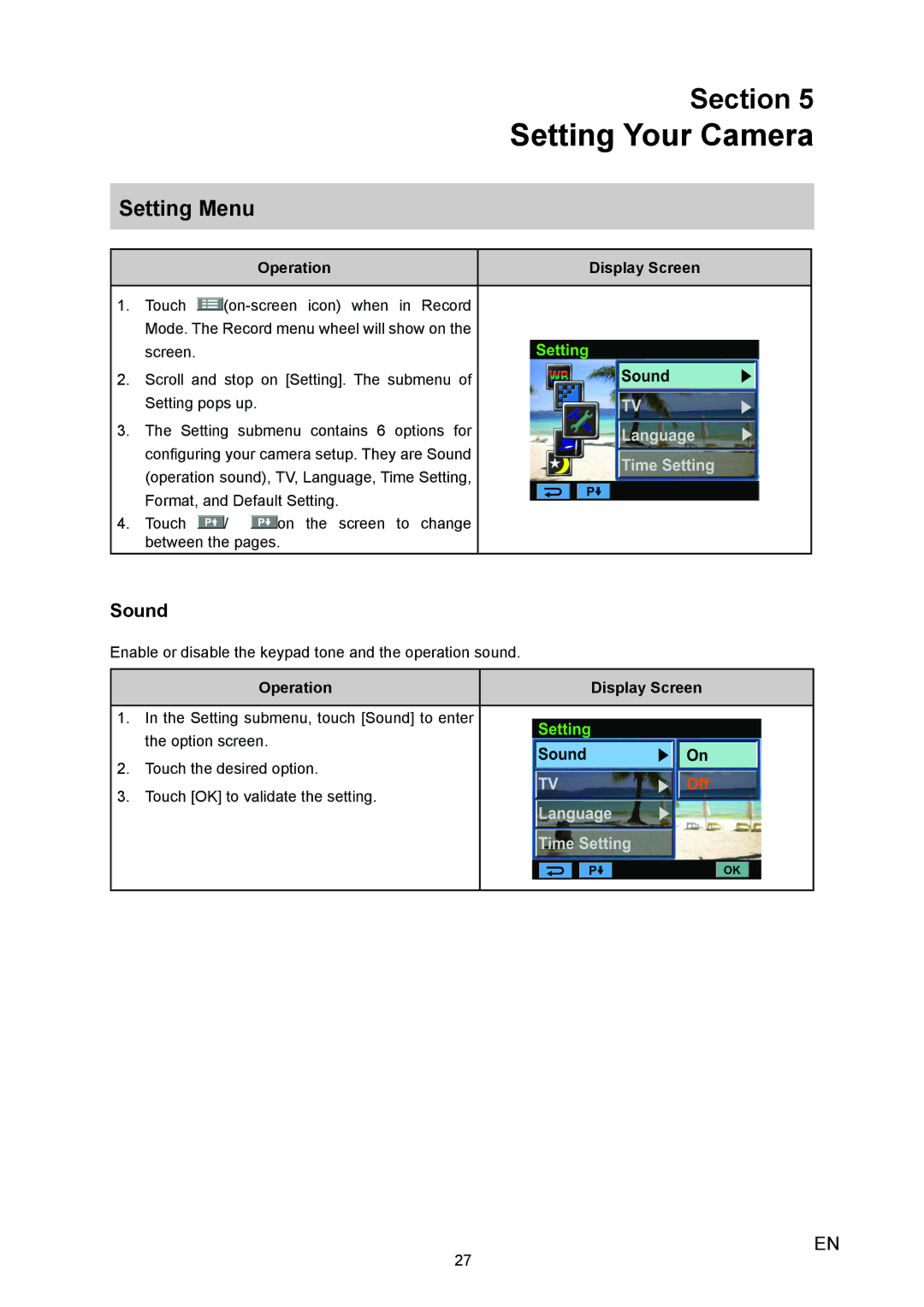 Vivitar 980HD user manual Setting Your Camera, Setting Menu, Sound 