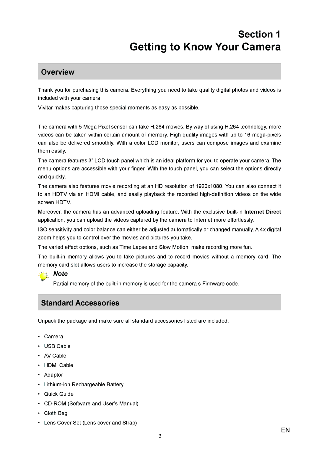 Vivitar 980HD user manual Getting to Know Your Camera, Overview, Standard Accessories 