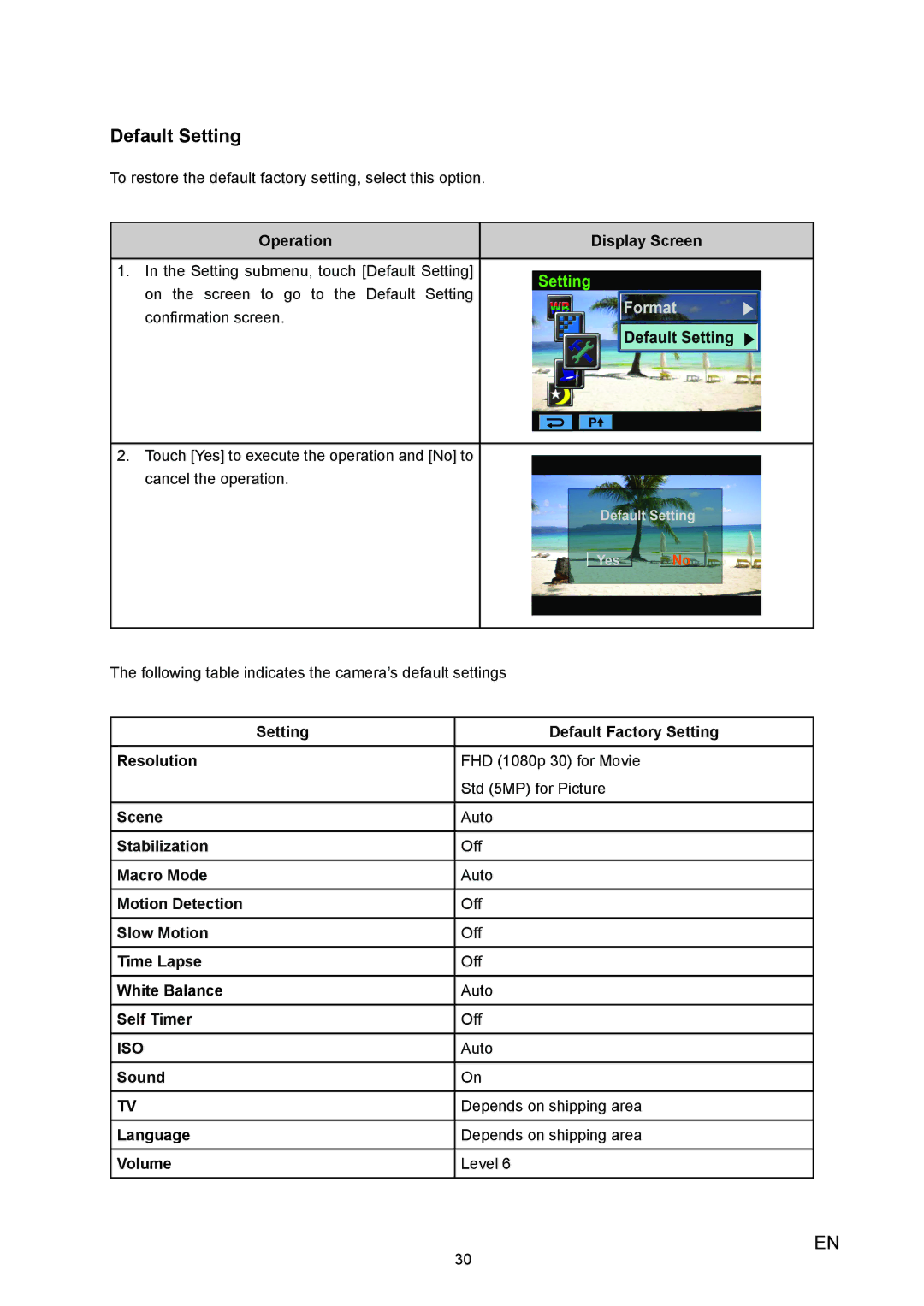 Vivitar 980HD user manual Default Setting, Sound Depends on shipping area Language Volume Level 