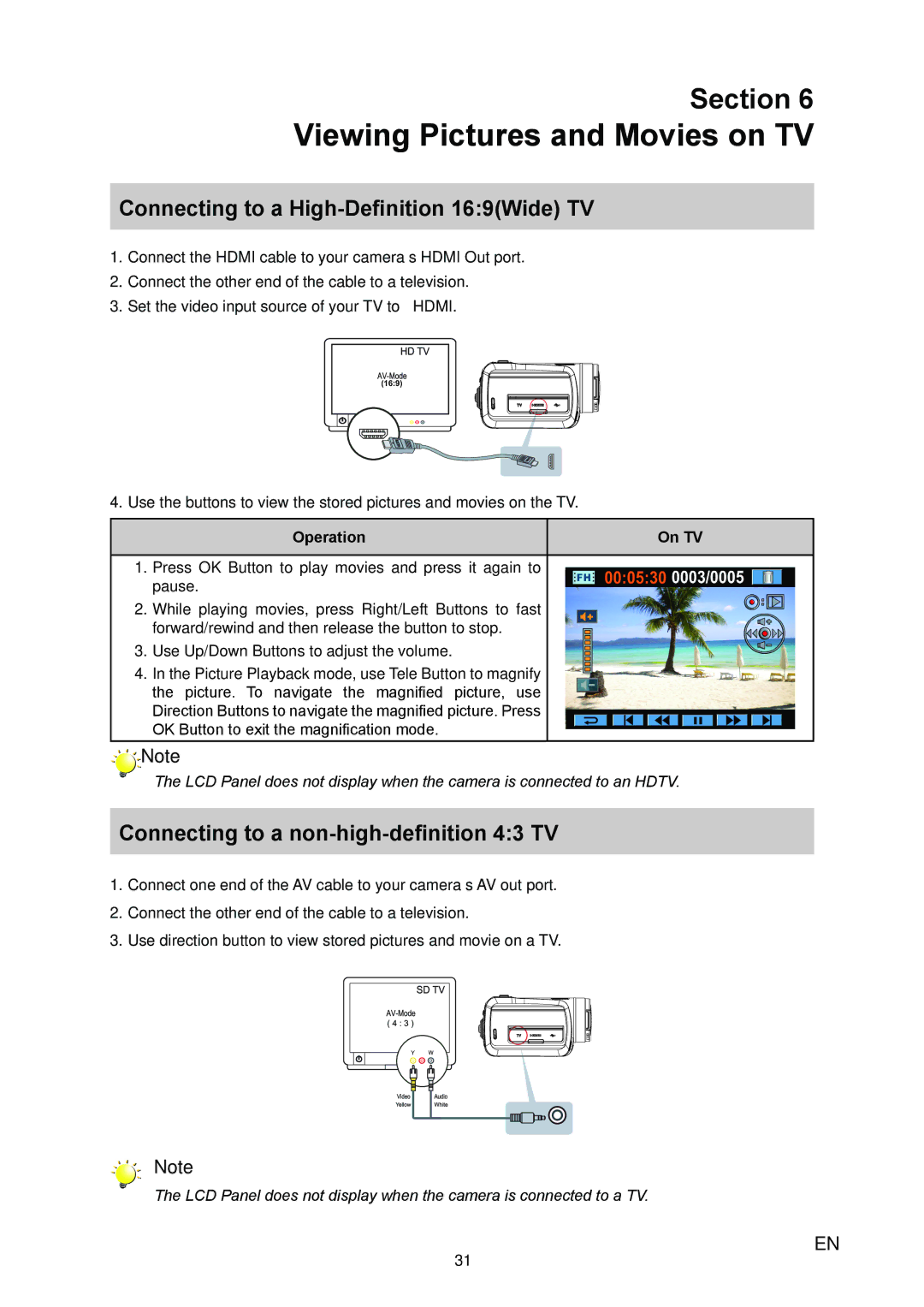 Vivitar 980HD user manual Viewing Pictures and Movies on TV, Connecting to a High-Definition 169Wide TV, Operation On TV 