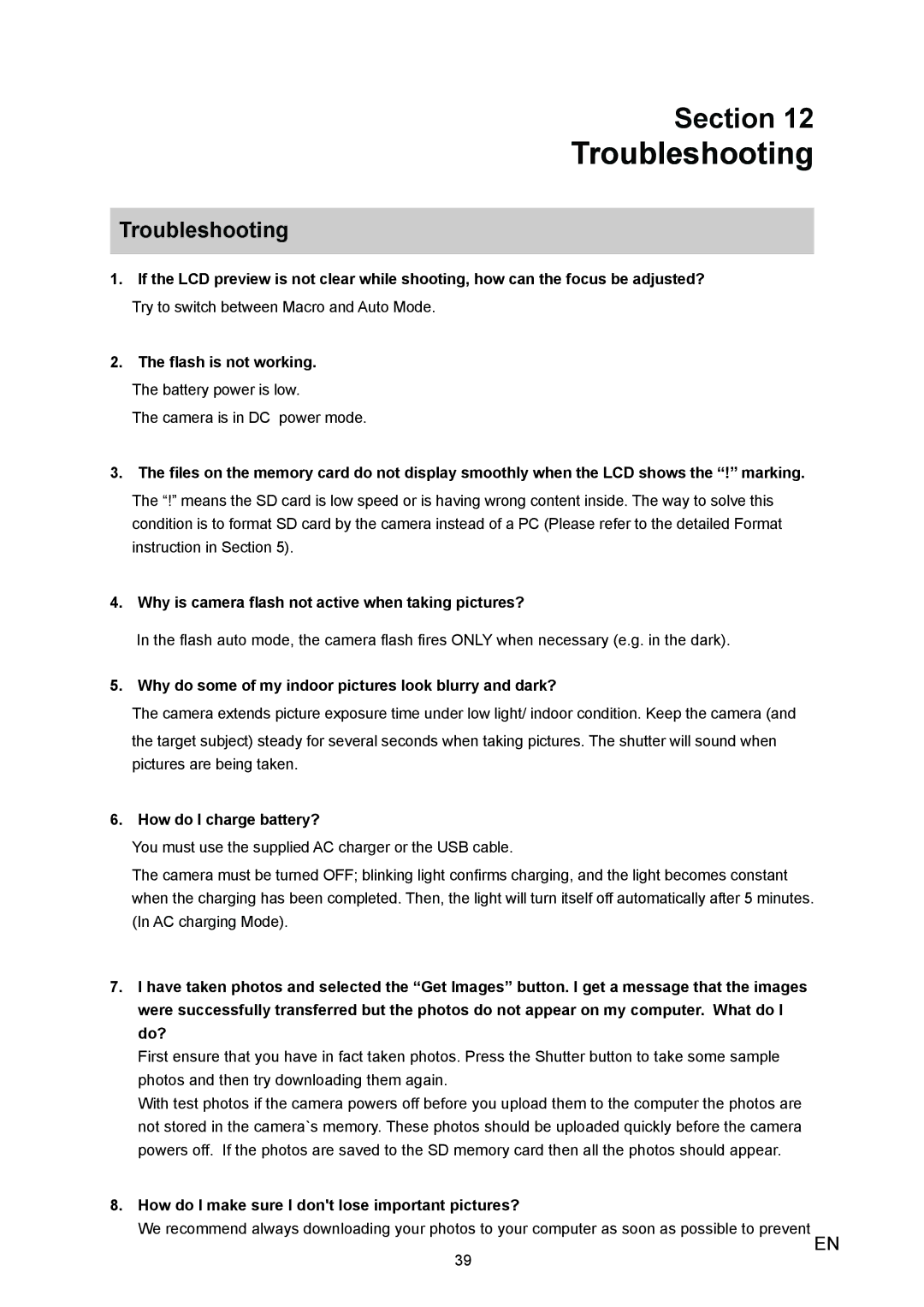 Vivitar 980HD user manual Troubleshooting, Why is camera flash not active when taking pictures?, How do I charge battery? 