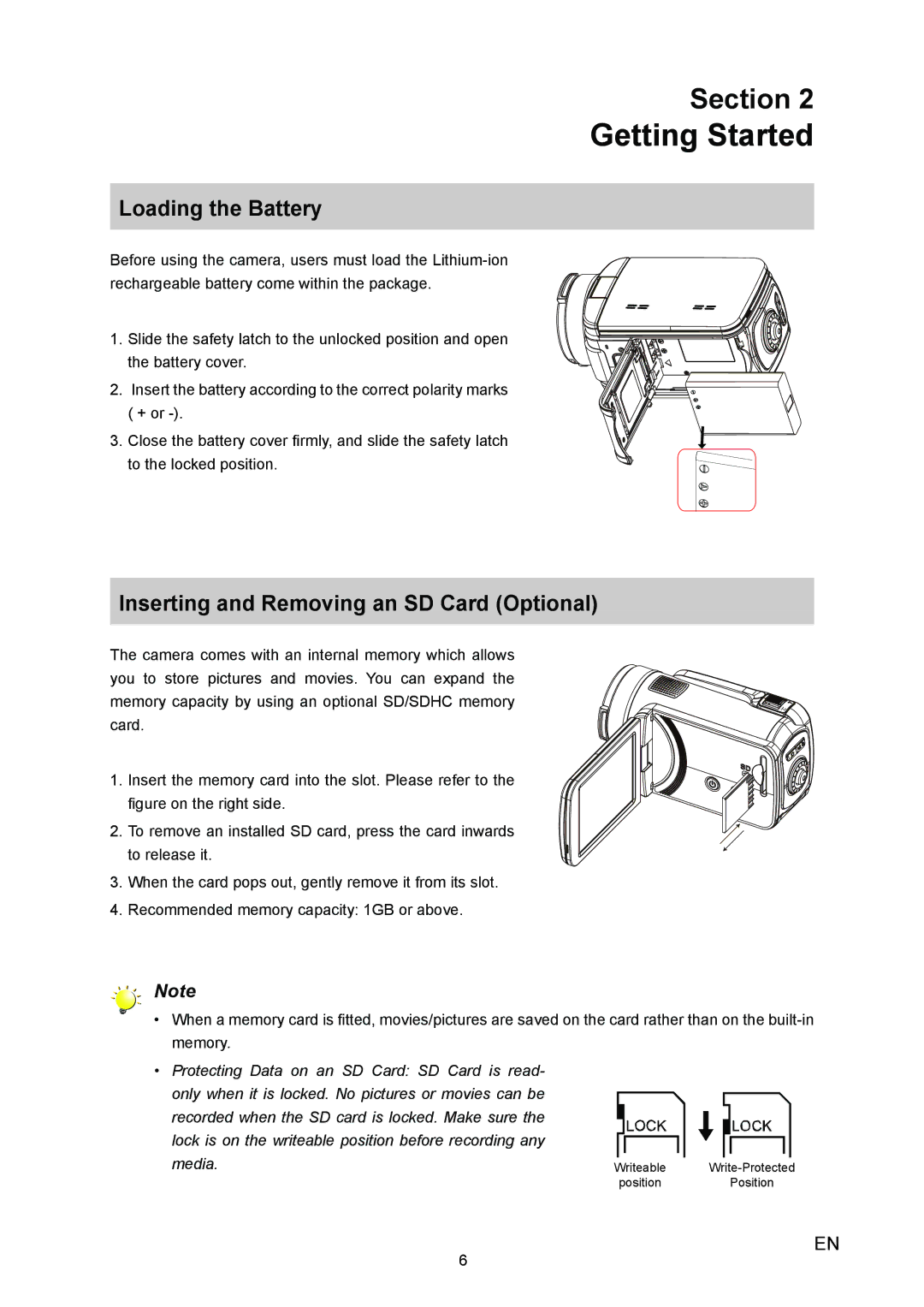 Vivitar 980HD user manual Getting Started, Loading the Battery, Inserting and Removing an SD Card Optional 