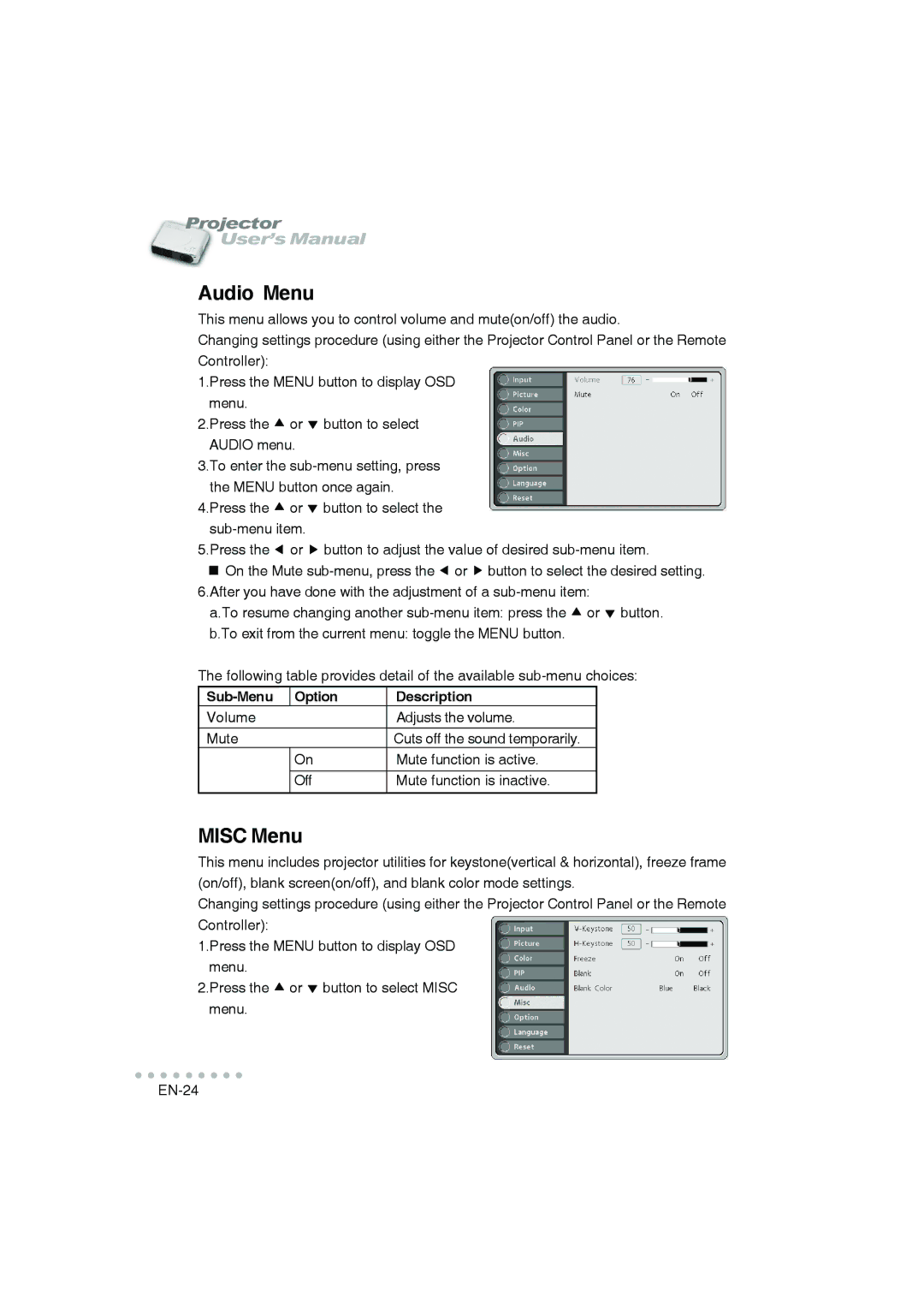 Vivitar DP-1200 X user manual Audio Menu, Misc Menu 