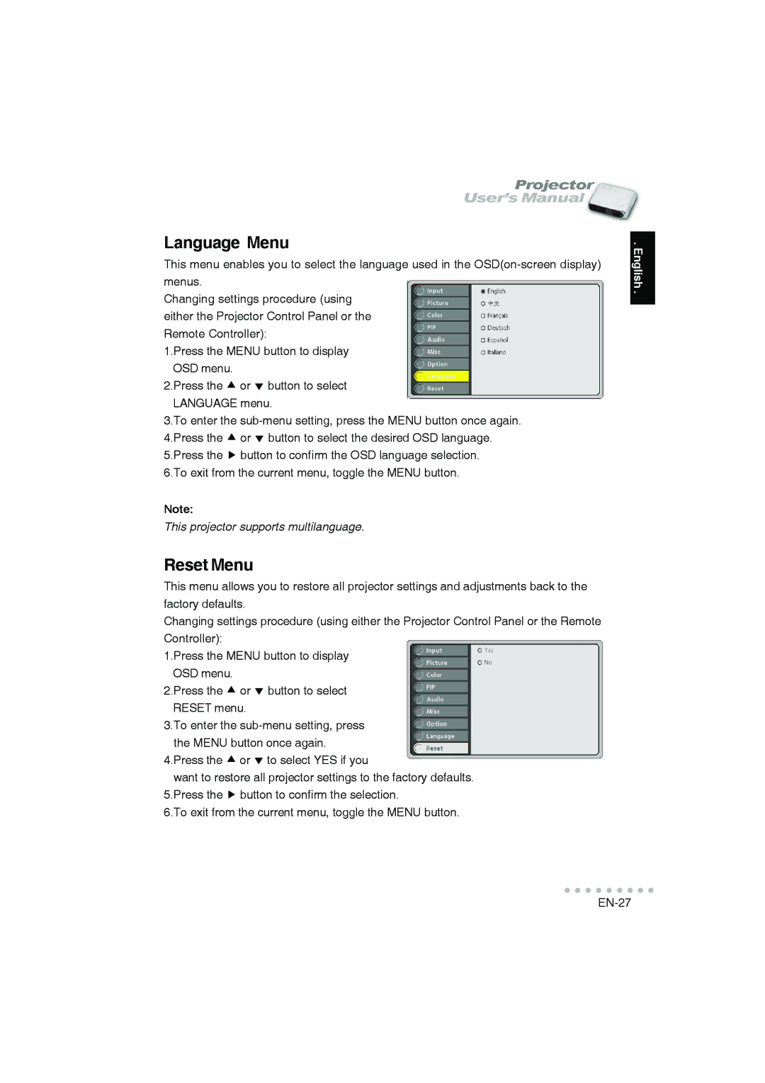 Vivitar DP-1200 X user manual Language Menu, Reset Menu 