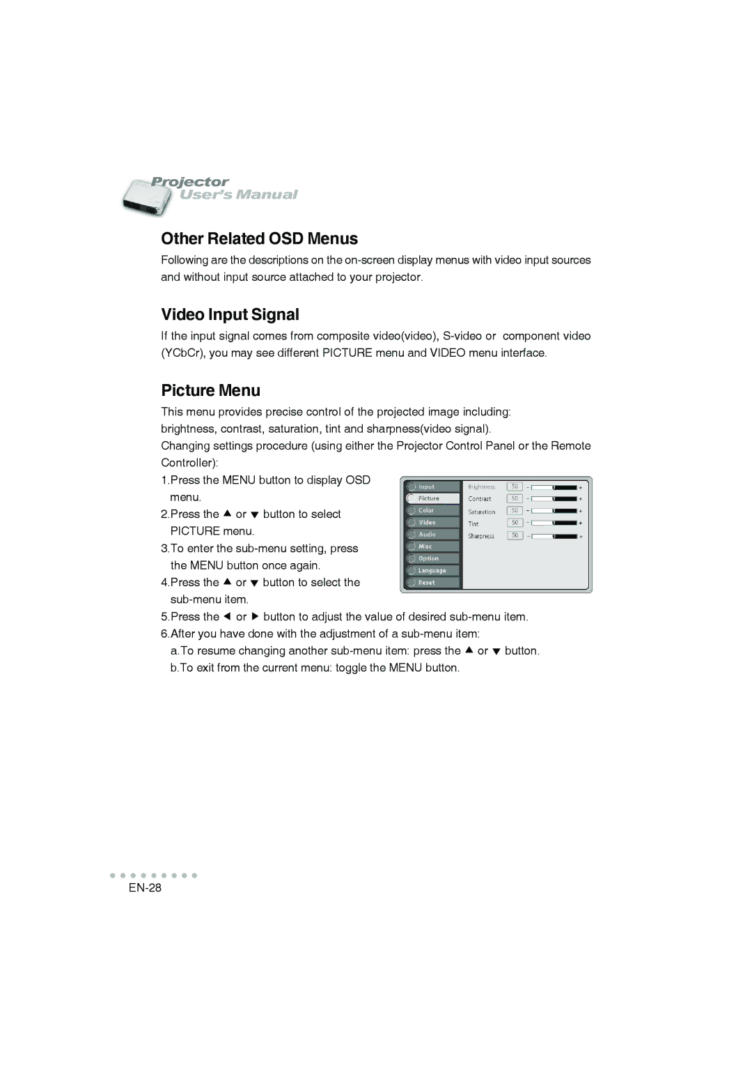 Vivitar DP-1200 X user manual Other Related OSD Menus, Video Input Signal 