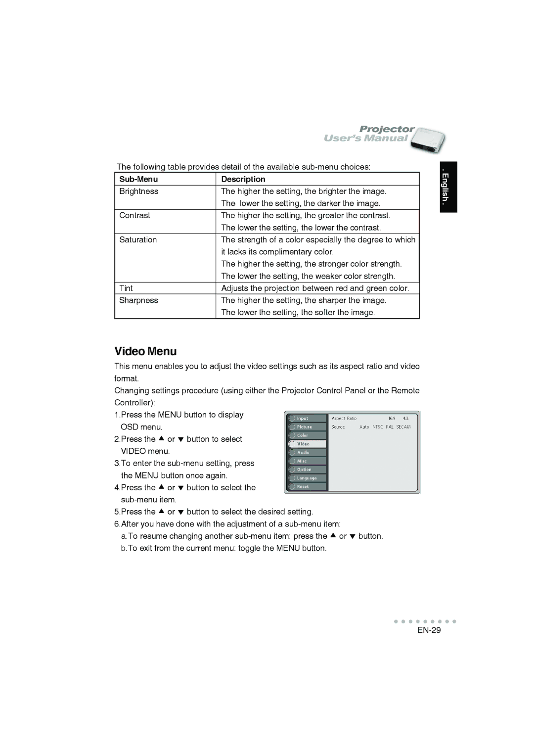 Vivitar DP-1200 X user manual Video Menu 