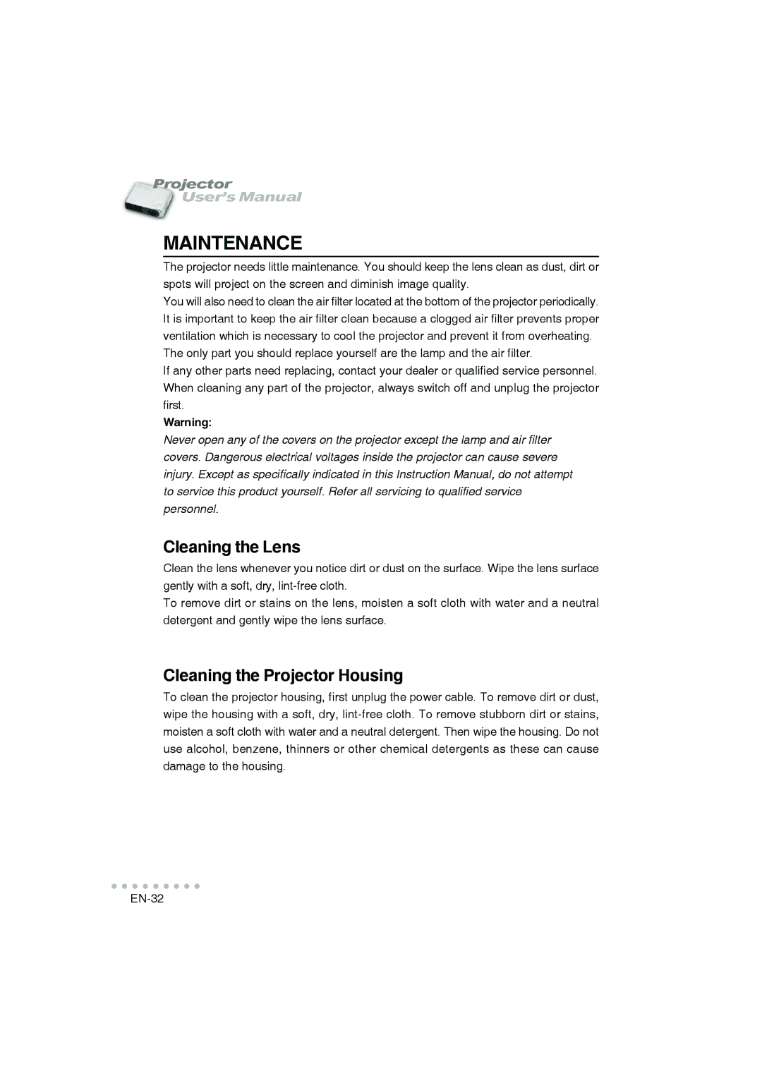 Vivitar DP-1200 X user manual Maintenance, Cleaning the Lens, Cleaning the Projector Housing 