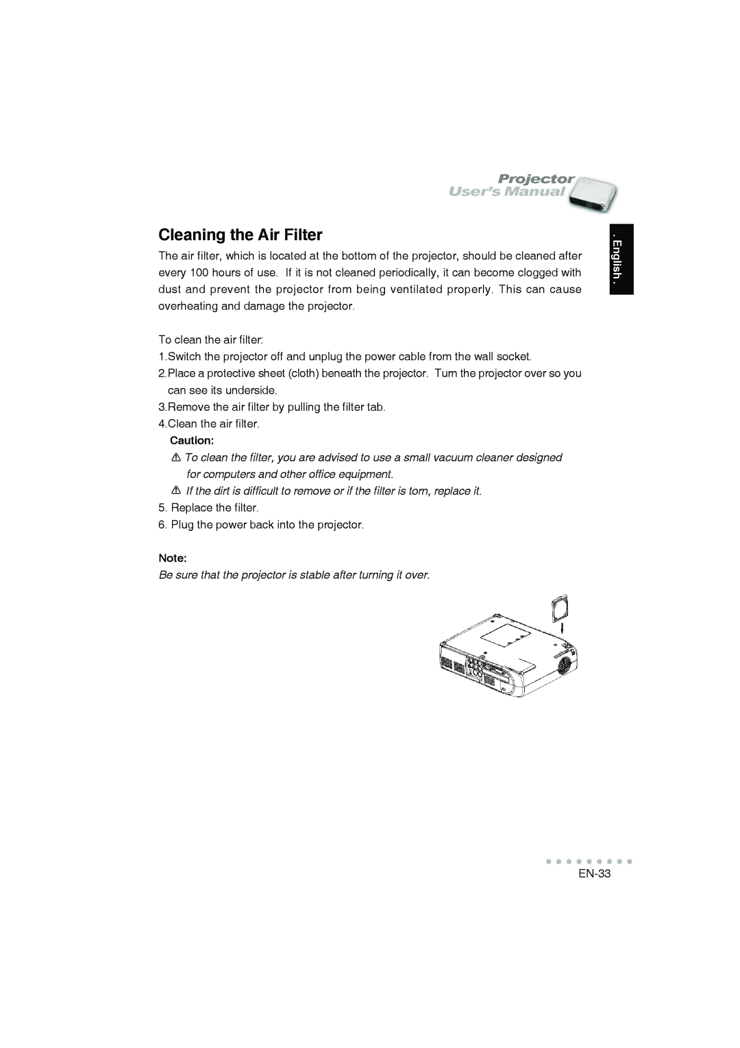 Vivitar DP-1200 X user manual Cleaning the Air Filter 