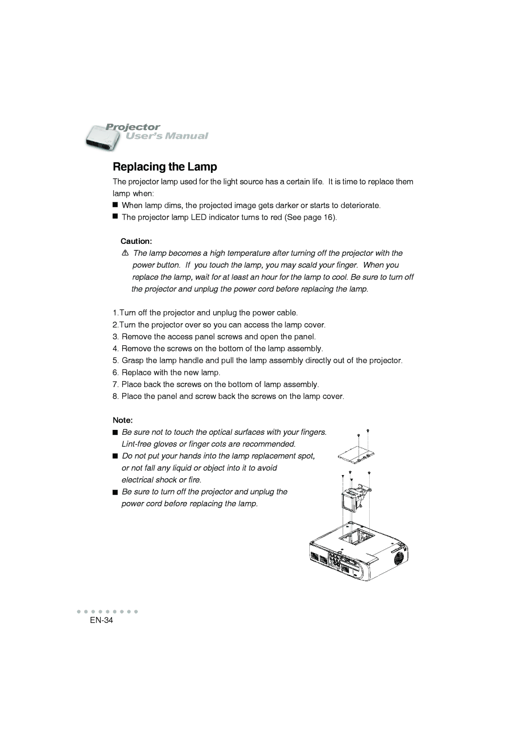 Vivitar DP-1200 X user manual Replacing the Lamp 