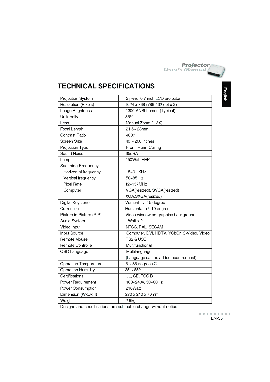 Vivitar DP-1200 X user manual Technical Specifications, PS2 & USB 