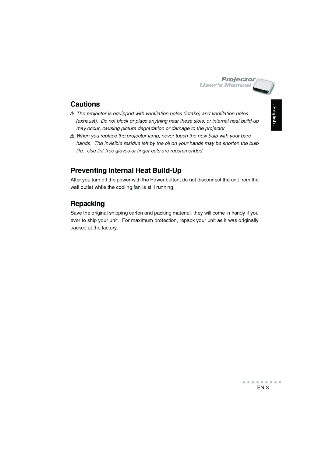 Vivitar DP-1200 X user manual Preventing Internal Heat Build-Up, Repacking 