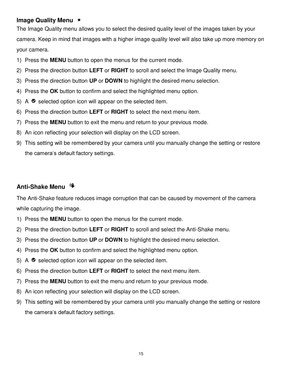 Vivitar DVR 1020HD user manual Image Quality Menu, Anti-Shake Menu 