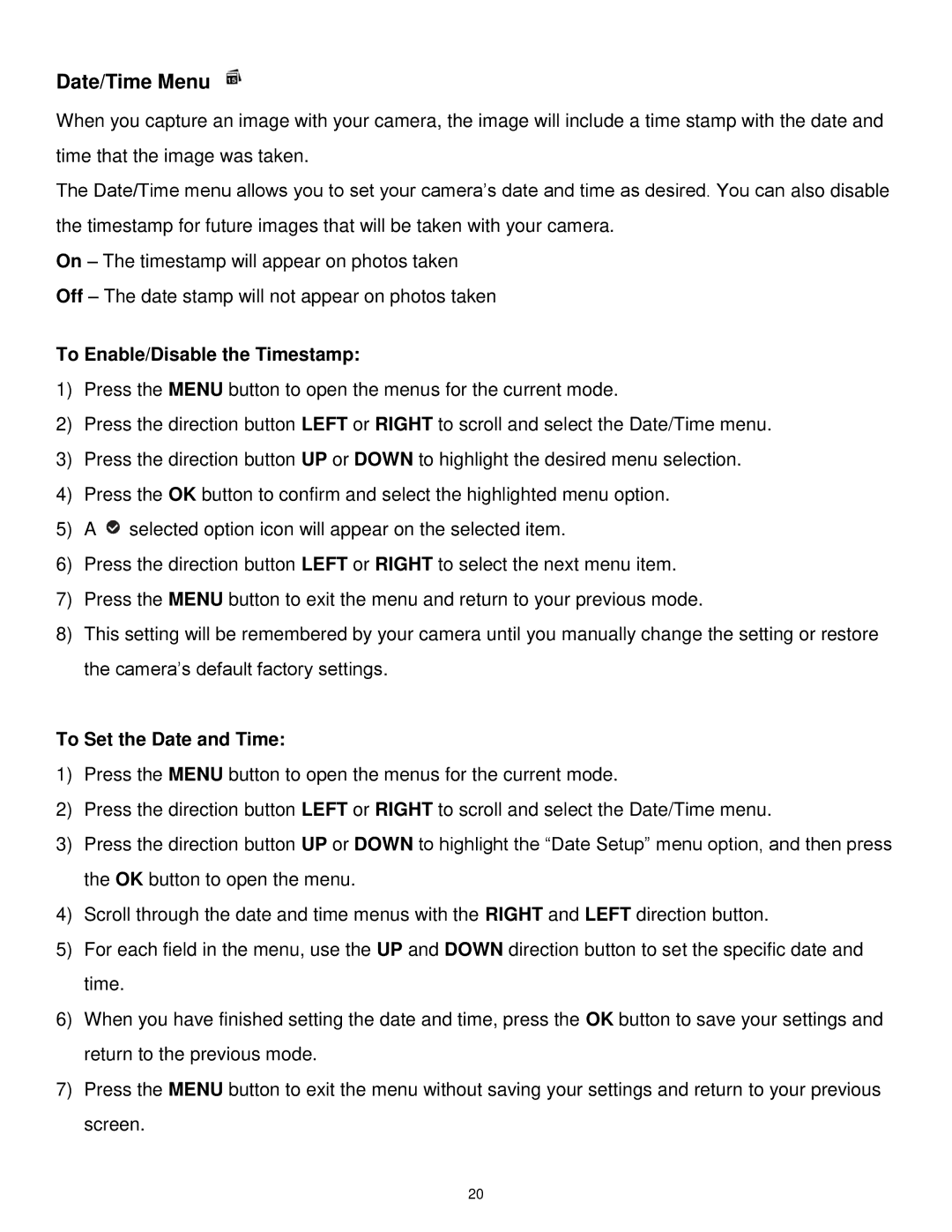 Vivitar DVR 1020HD user manual Date/Time Menu, To Enable/Disable the Timestamp 