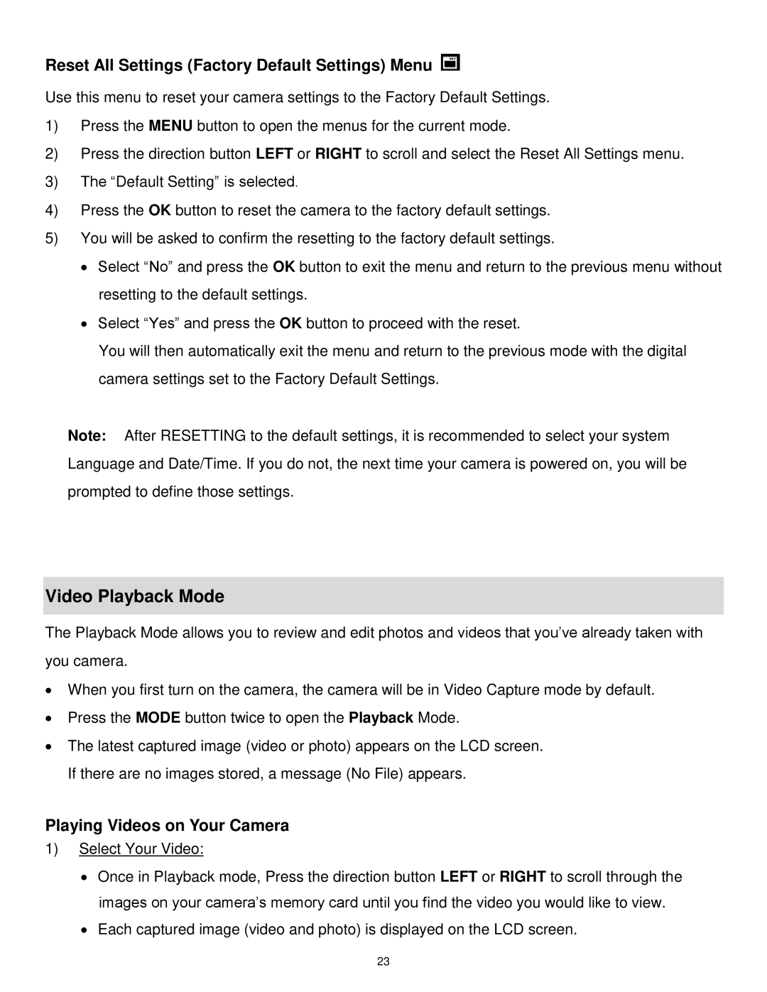 Vivitar DVR 1020HD Video Playback Mode, Reset All Settings Factory Default Settings Menu, Playing Videos on Your Camera 