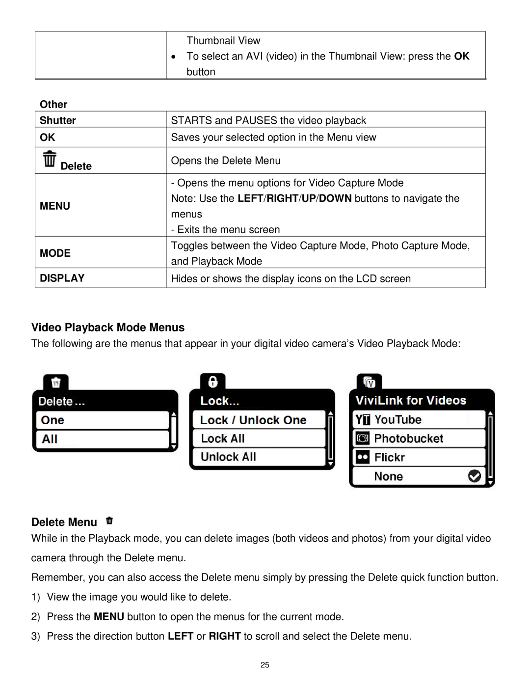 Vivitar DVR 1020HD user manual Video Playback Mode Menus, Delete Menu 