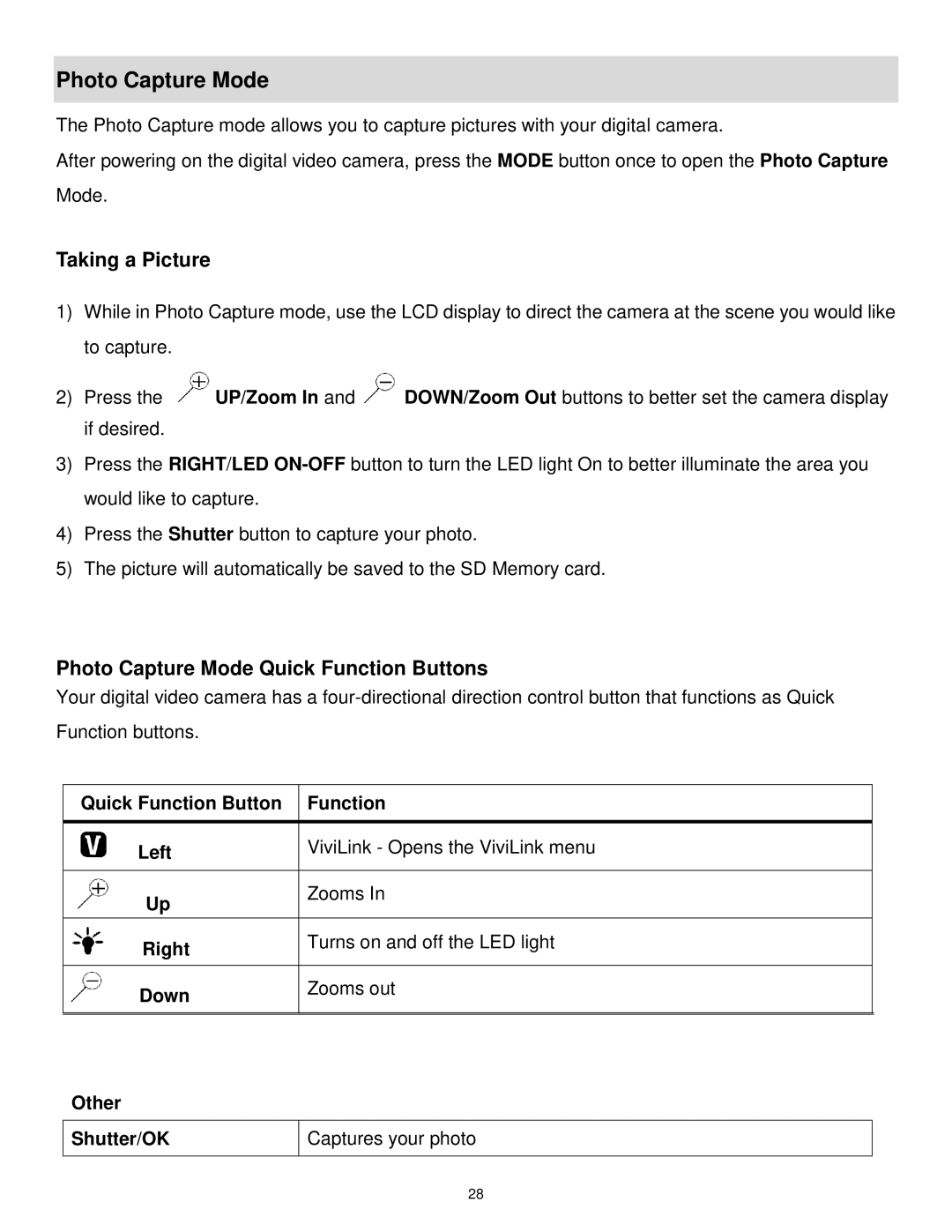 Vivitar DVR 1020HD user manual Taking a Picture, Photo Capture Mode Quick Function Buttons 