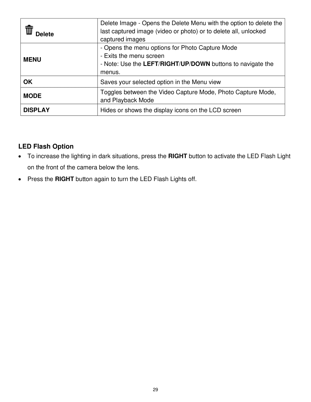 Vivitar DVR 1020HD user manual LED Flash Option 