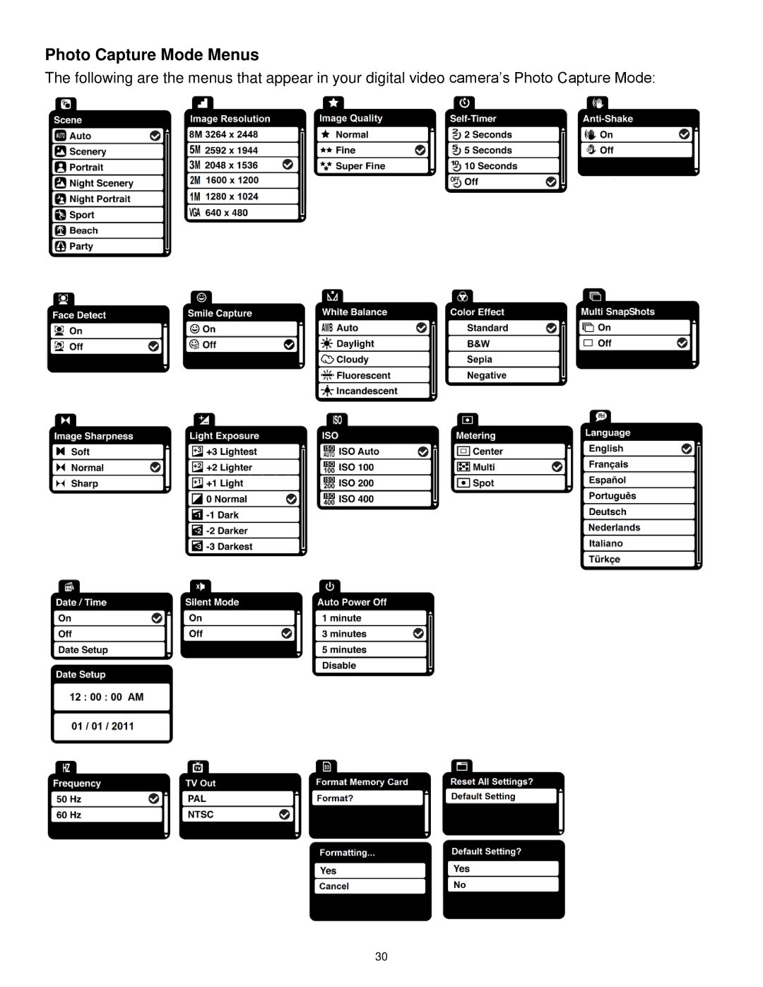 Vivitar DVR 1020HD user manual Photo Capture Mode Menus 