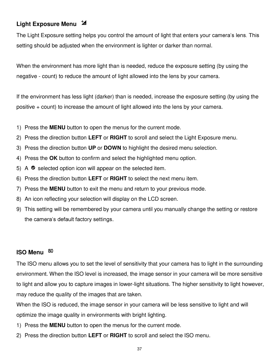 Vivitar DVR 1020HD user manual Light Exposure Menu 