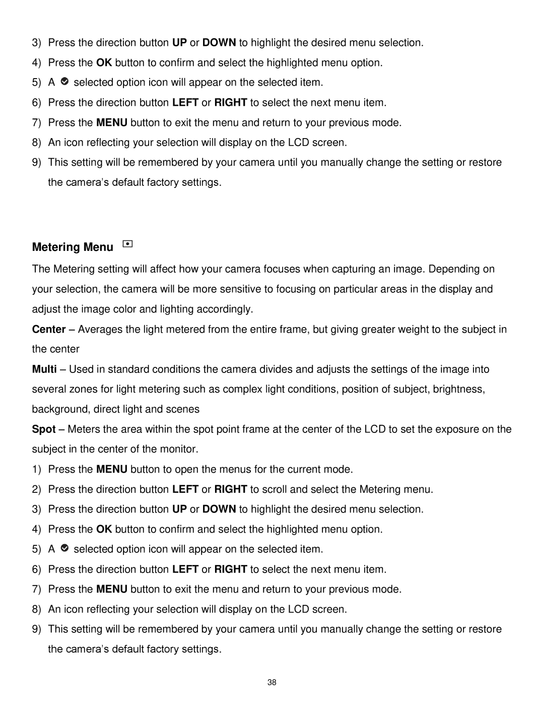 Vivitar DVR 1020HD user manual Metering Menu 