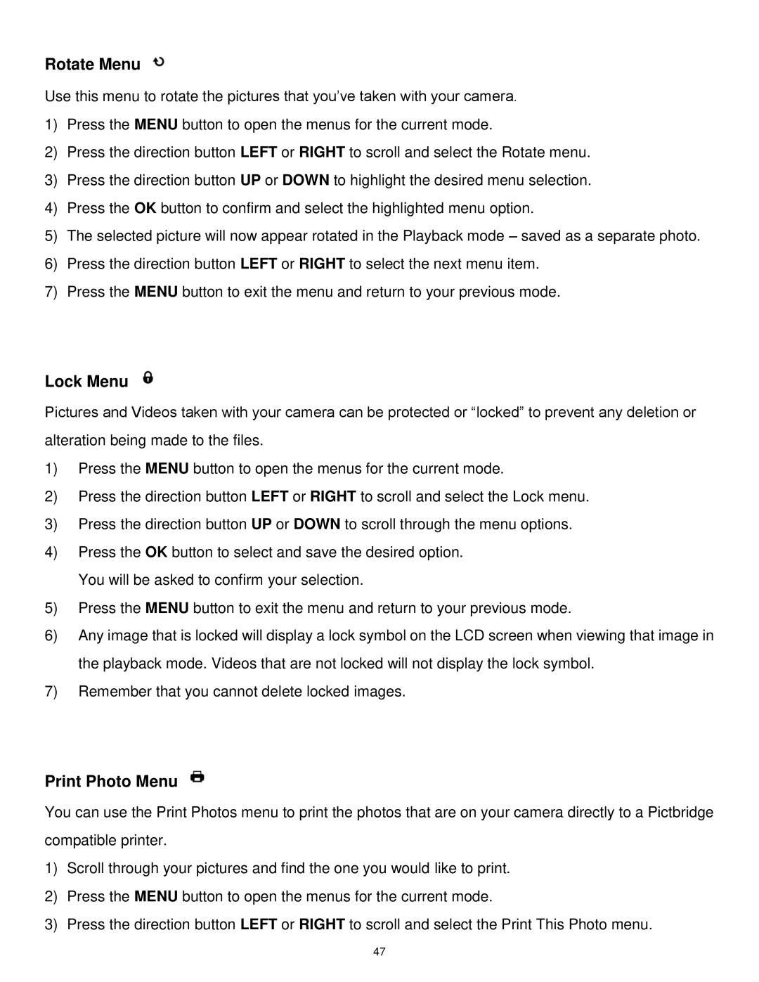 Vivitar DVR 1020HD user manual Rotate Menu, Print Photo Menu 