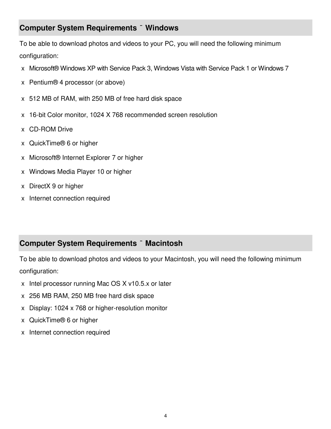 Vivitar DVR 1020HD user manual Computer System Requirements Windows, Computer System Requirements Macintosh 